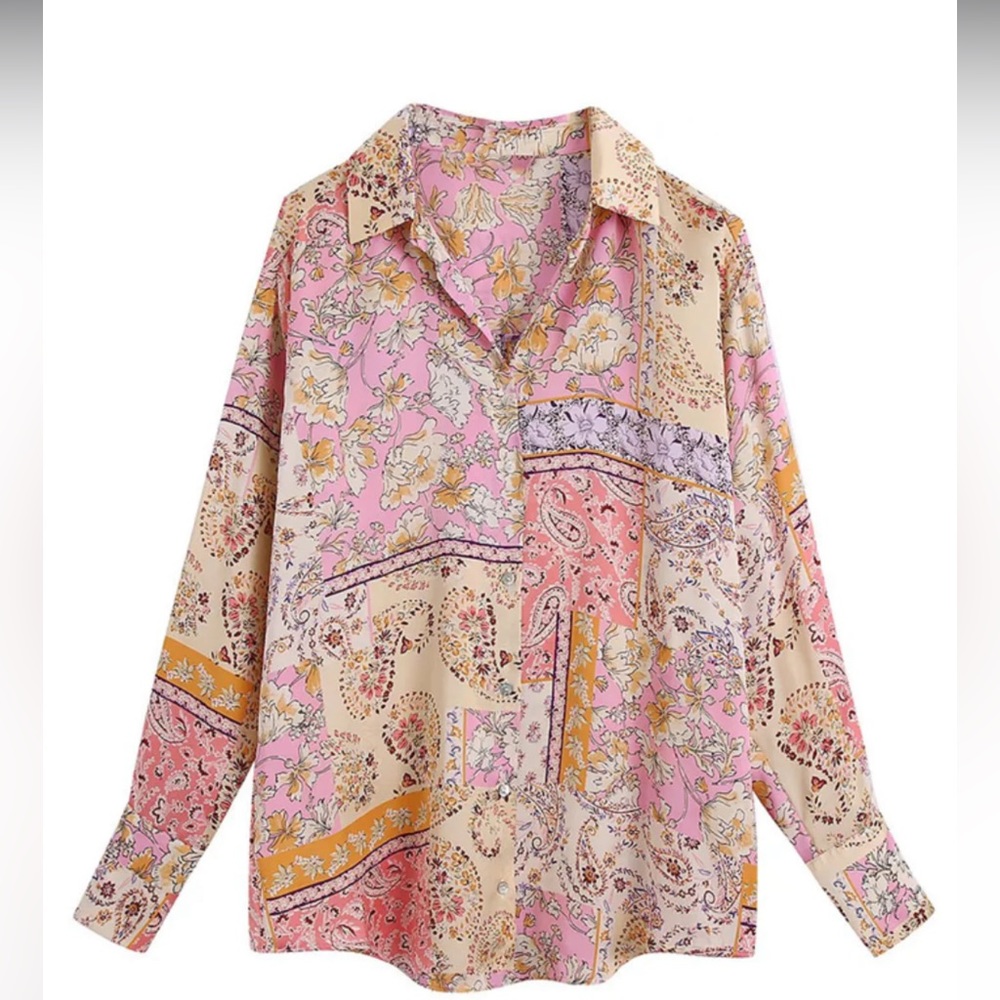Zara Collared Satin Paisley Pattern Shirt